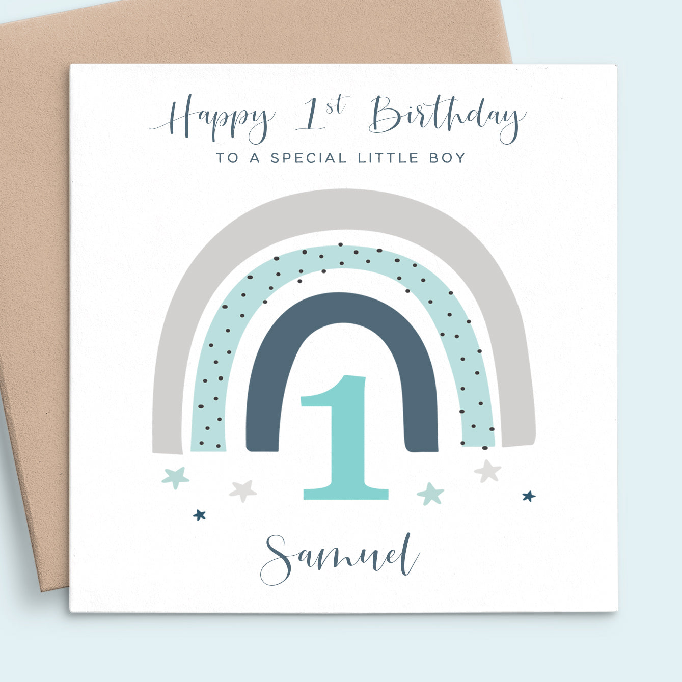 blue rainbow boys first birthday card personalised matte white cardstock kraft brown envelope