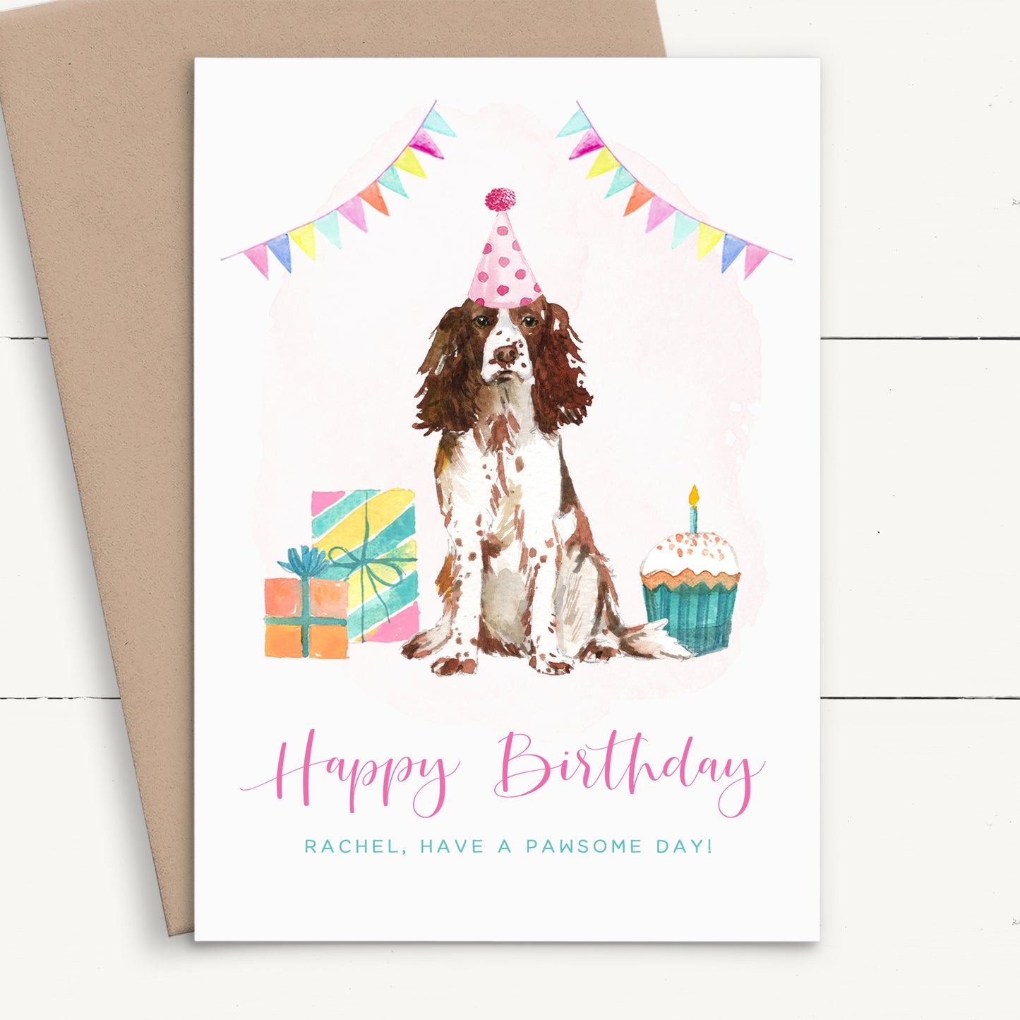 womens cute watercolour springer spaniel birthday card personalised smooth matte white cardstock kraft brown envelope