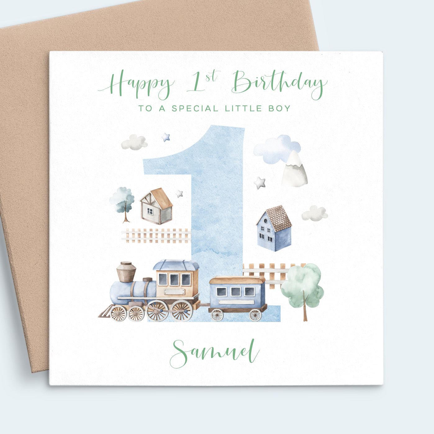 boys trains first birthday card personalised matte white cardstock kraft brown envelope