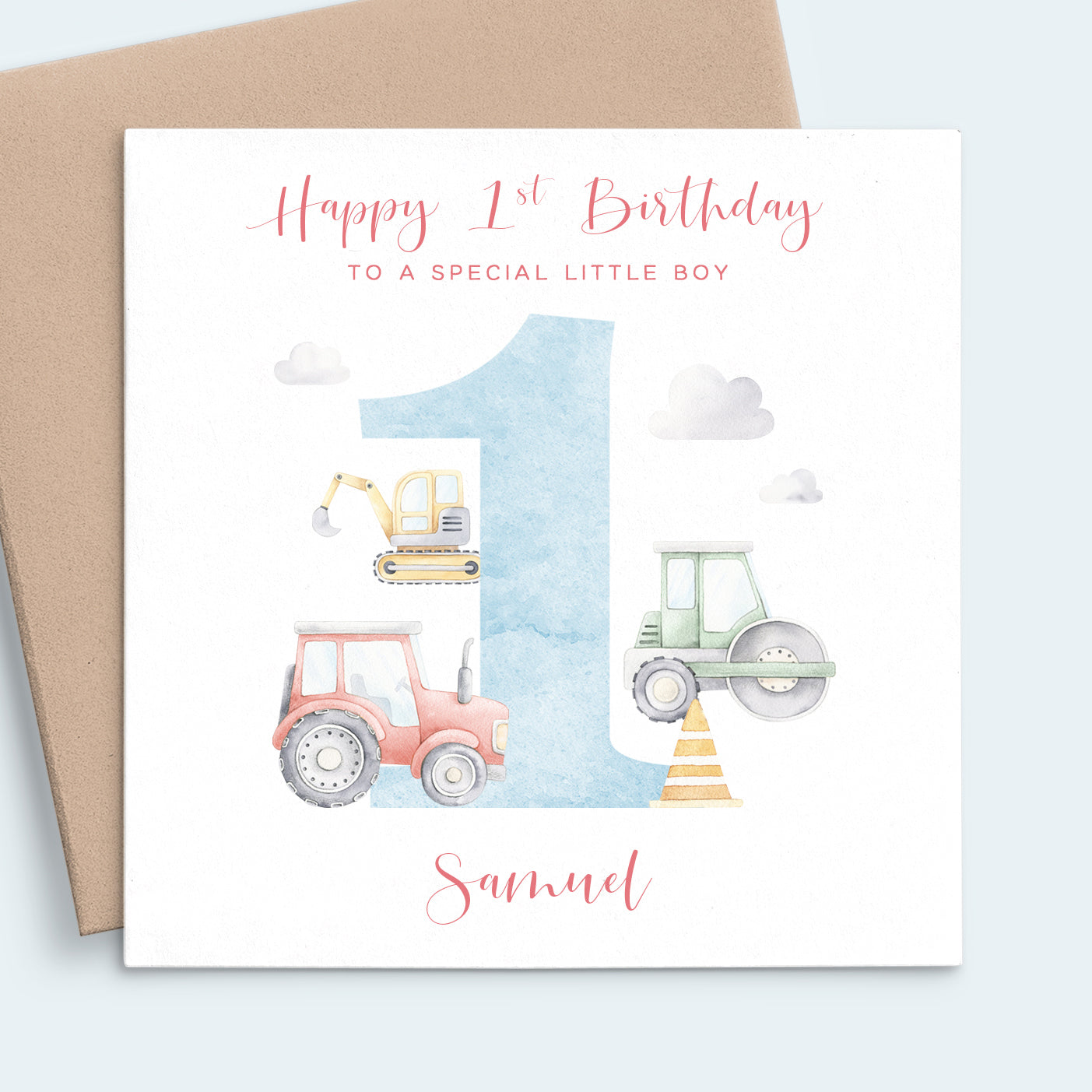 boys tractor first birthday card personalised matte white cardstock kraft brown envelope