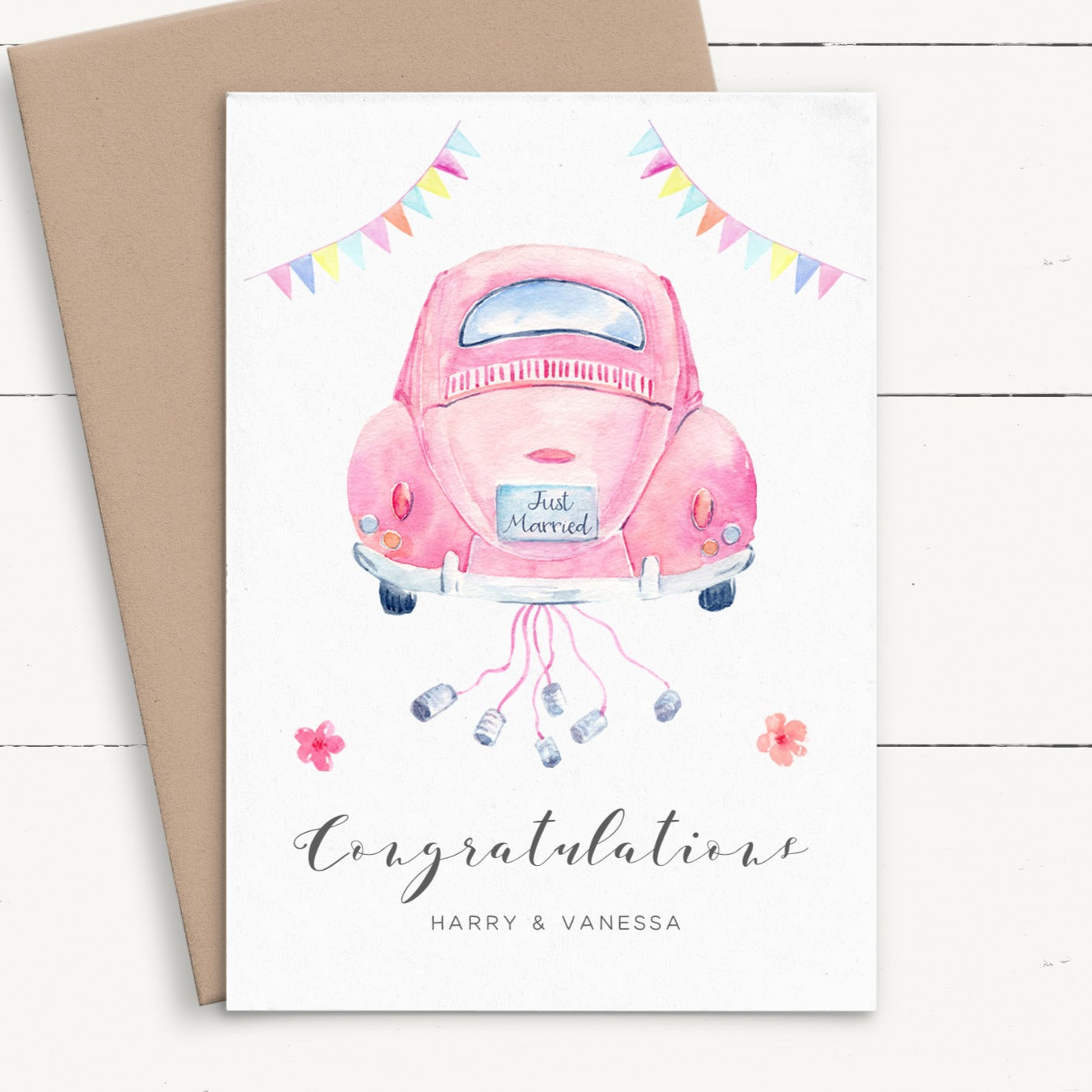 watercolour car wedding card couple personalised matte smooth white cardstock kraft brown envelope