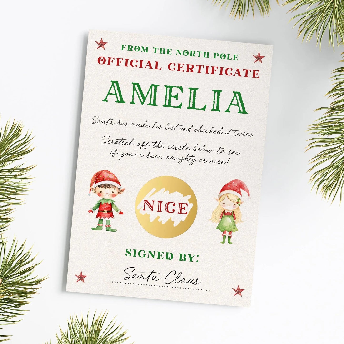 The image is a Christmas-themed certificate or card with illustrations of Santa Claus and two children, likely named Amelia. The text on the card reads "From the North Pole Official Certificate AMELIA" and "Santa has made his list and checked it twice. Scratch off the circle below to see if you've been naughty or nice!" The card is signed by "Santa Claus".