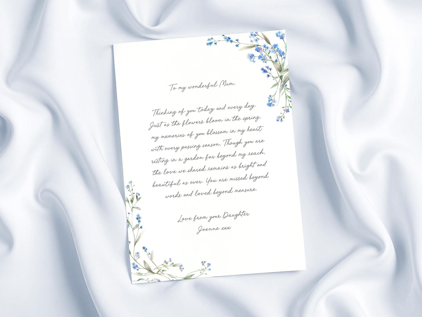 a handwritten letter with a floral border, placed on a white background.