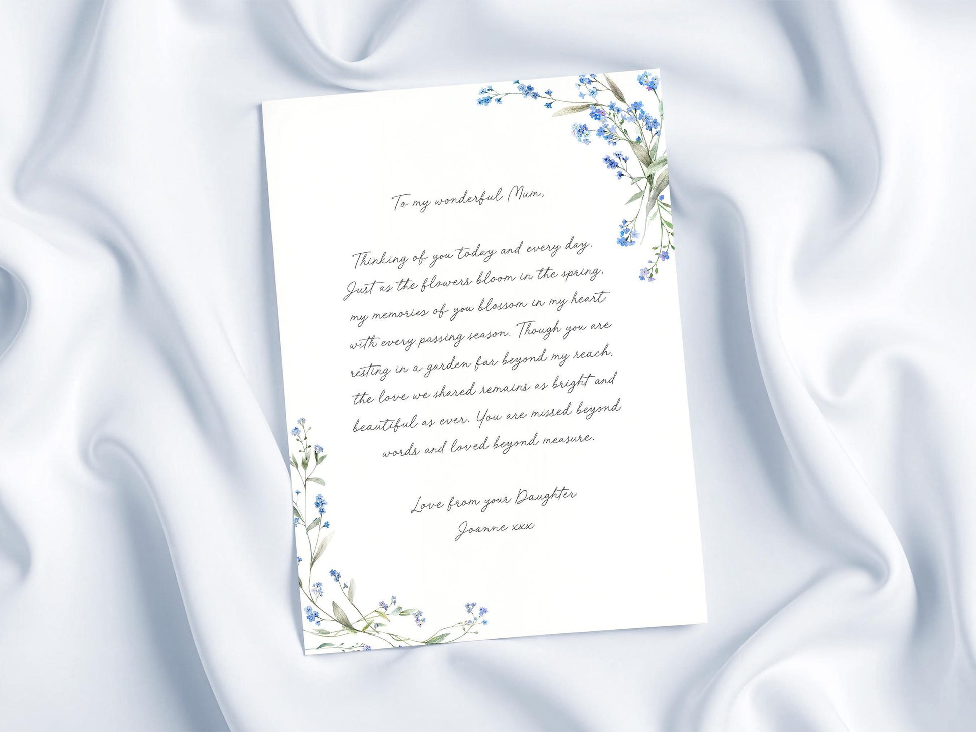 a handwritten letter with a floral border, placed on a white background.