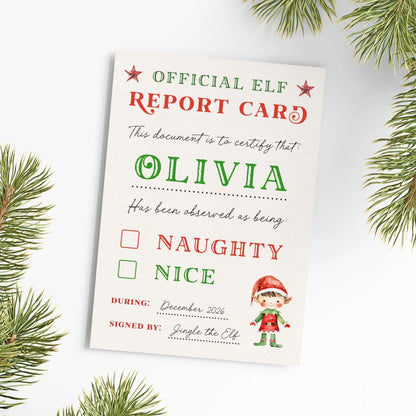 The image is a Christmas-themed report card featuring a small elf illustration and text.