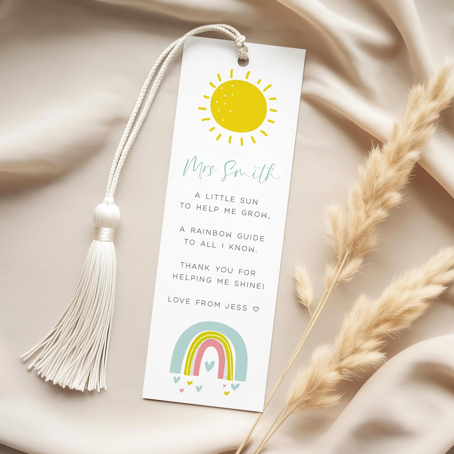 Personalised Teacher Gift Bookmark Thank You, Rainbow & Sun Design