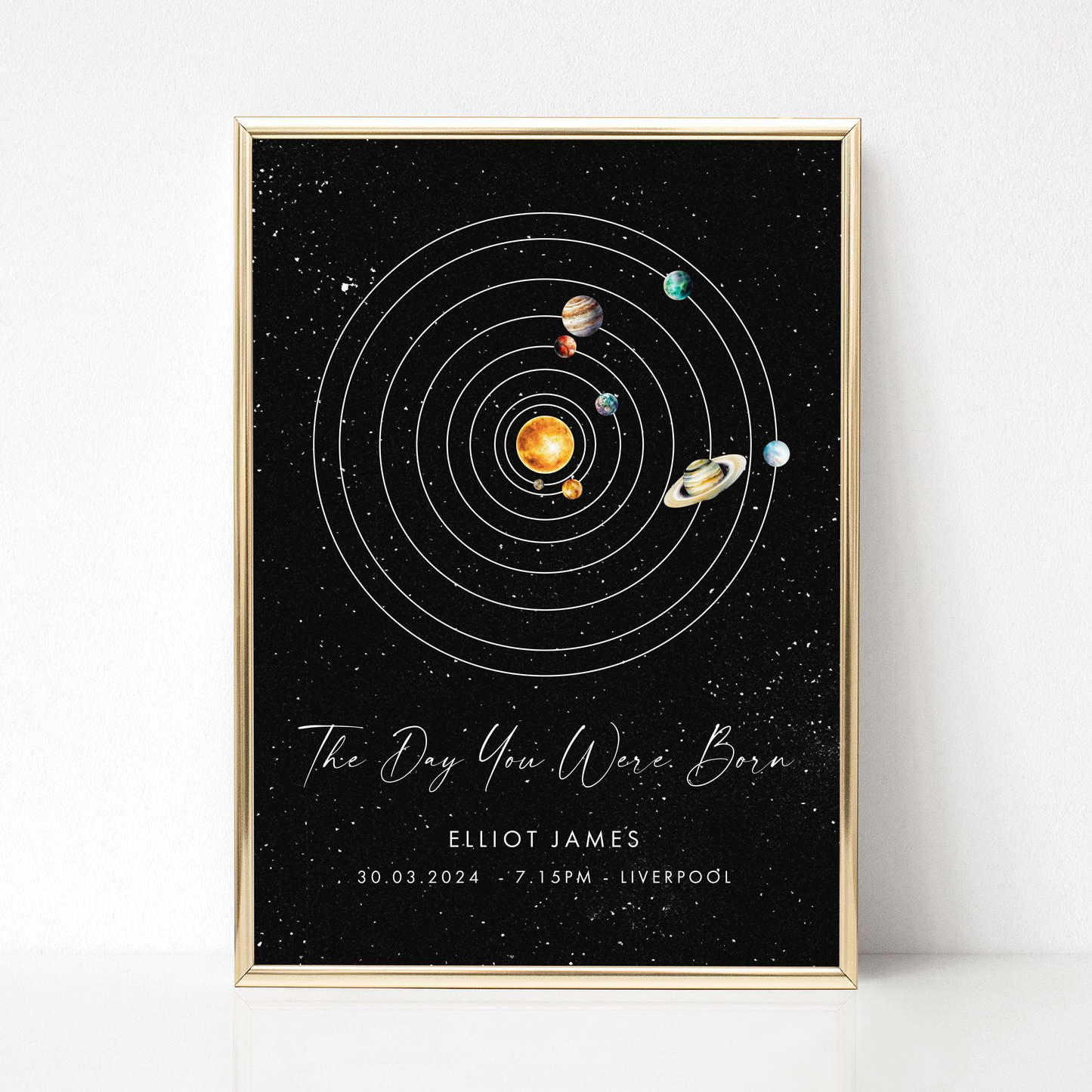 personalised planets print new baby birthday black the day you were born smooth matte paperstock unframed