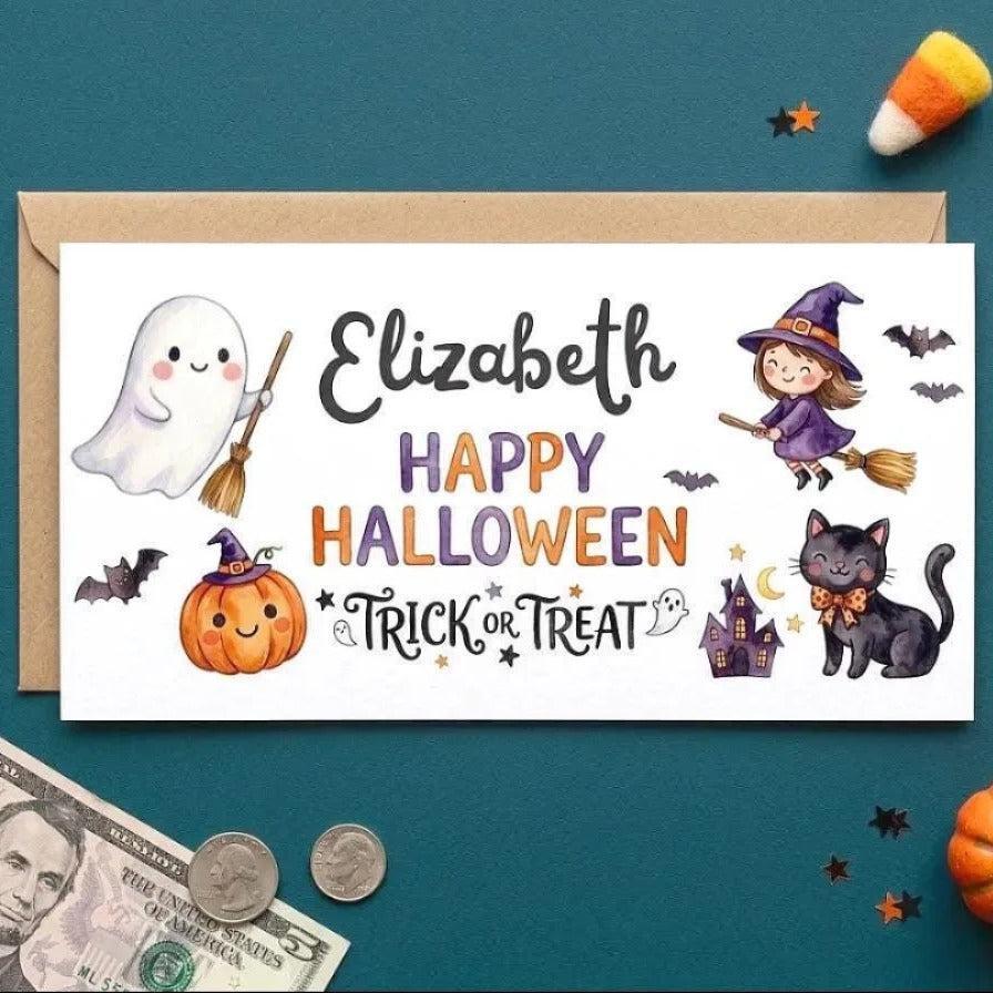a Halloween-themed greeting card with illustrations of a ghost, a witch, a pumpkin, a cat, and a spider, along with the text "Elizabeth Happy Halloween Trick or Treat". The card is surrounded by Halloween decorations, such as a candy cane, a spider, and a pumpkin, as well as some coins and a dollar bill.