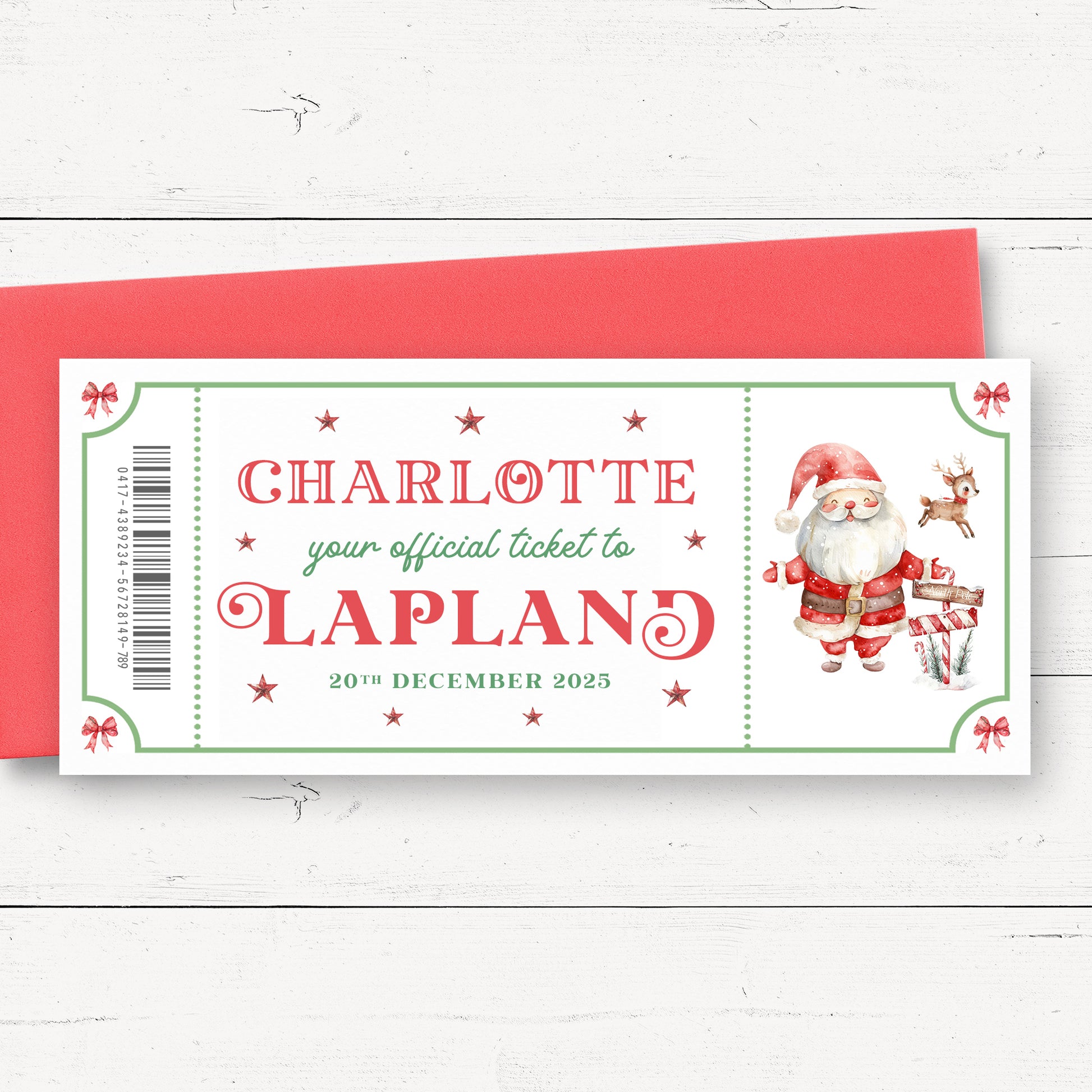 A ticket for Charlotte to Lapland, featuring a Santa Claus illustration and the date of December 20, 2023.