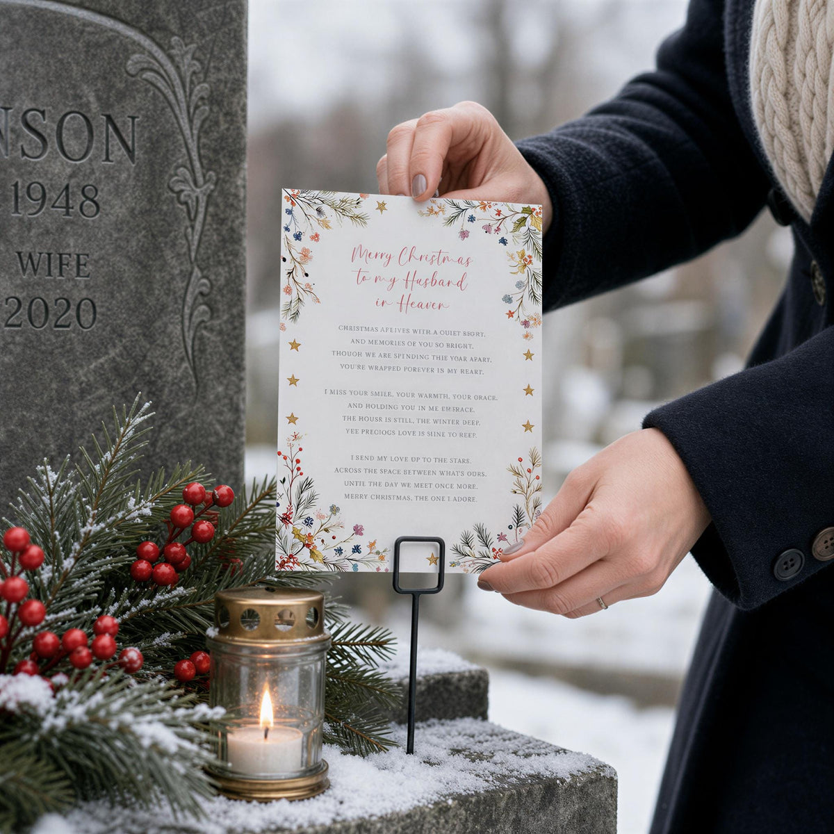 A person is holding a card with a Christmas message in front of a gravestone, with a lit candle and berries nearby.