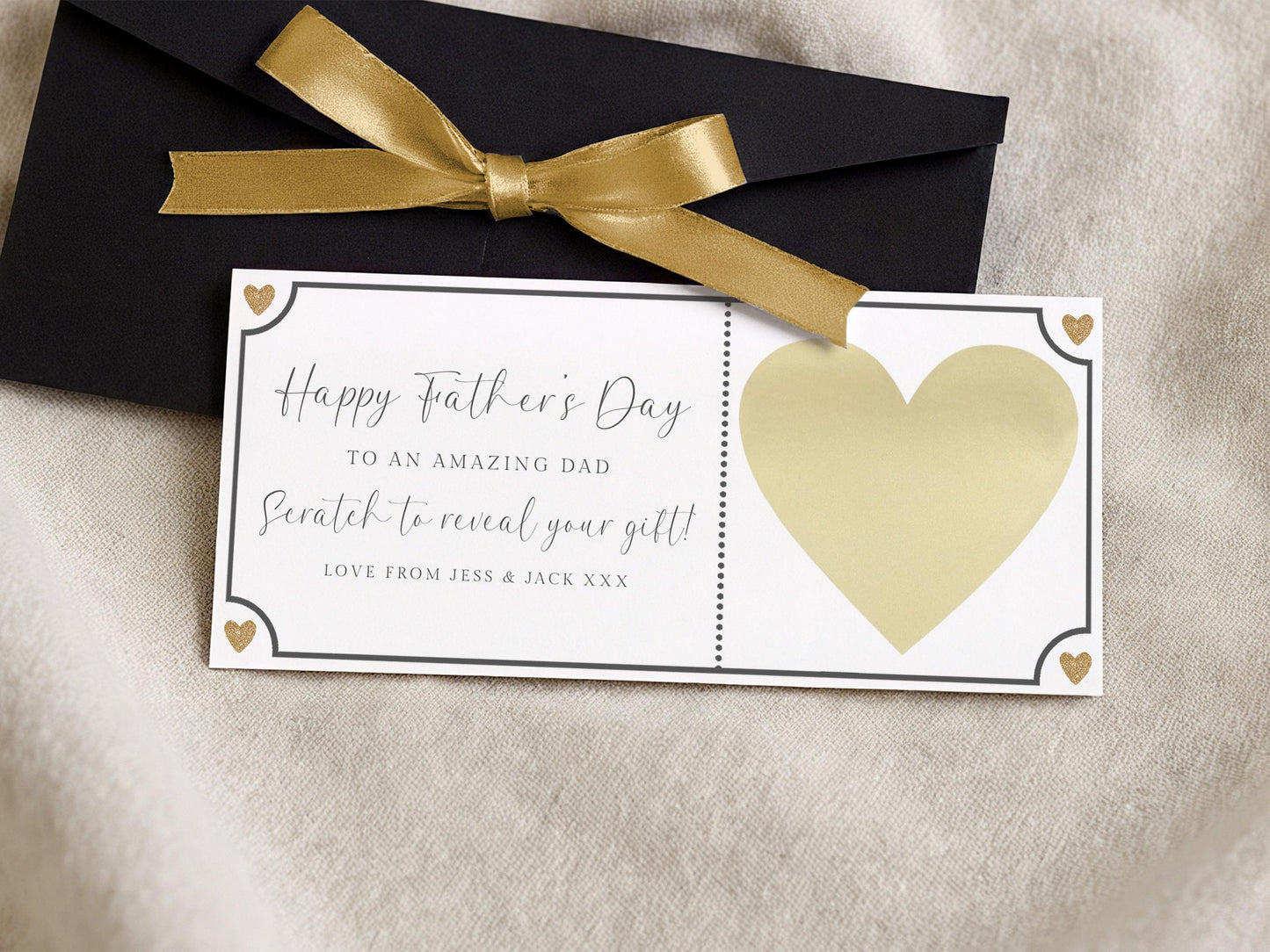 Personalised Fathers Day Scratch Reveal Card, With Gold Ribbon Envelope