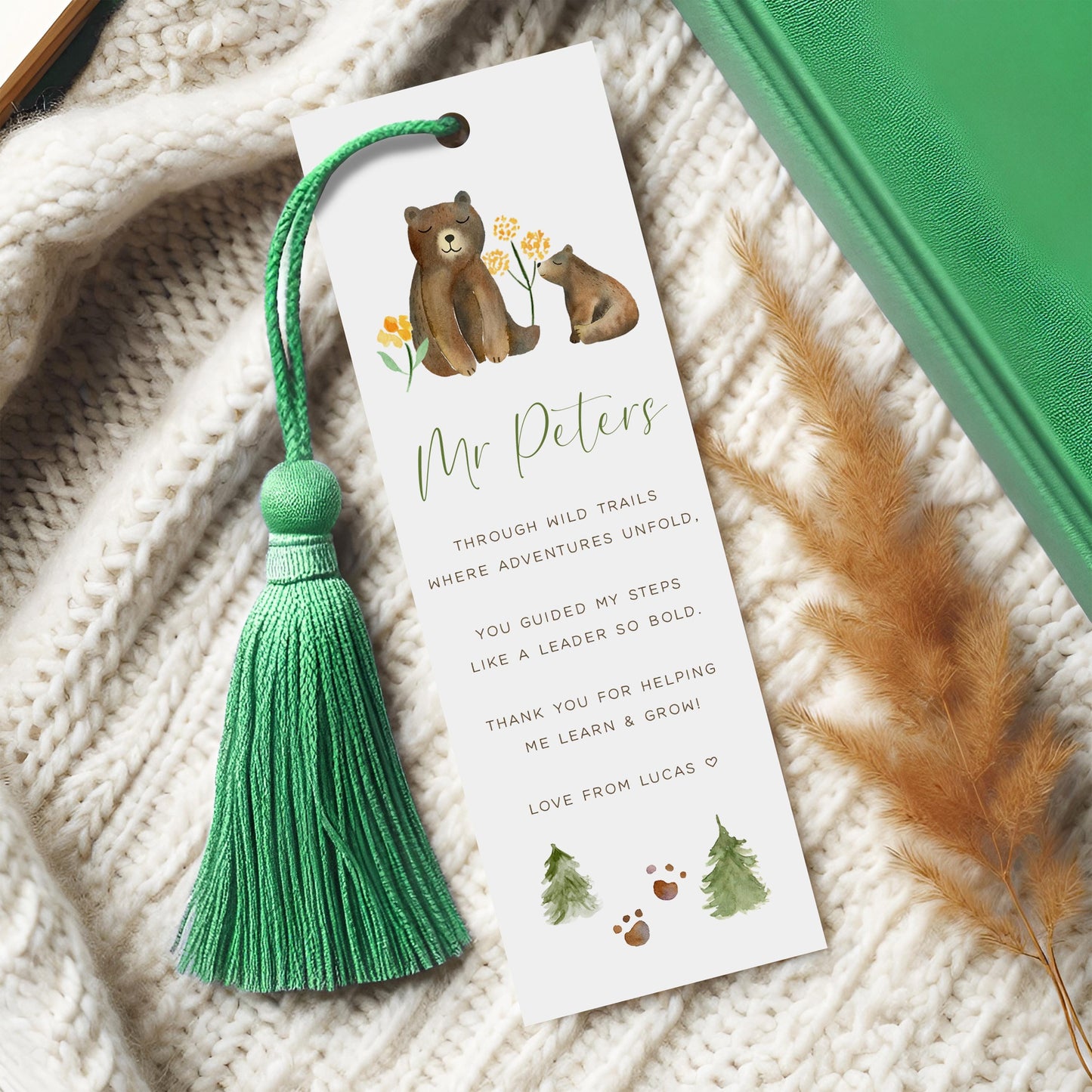 Personalised Teacher Gift Appreciation Bookmark, Cute Bears Design