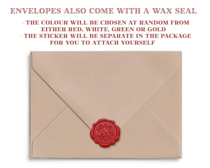 an envelope with a wax seal, and the text above the envelope provides information about the contents, including the color and the sticker.
