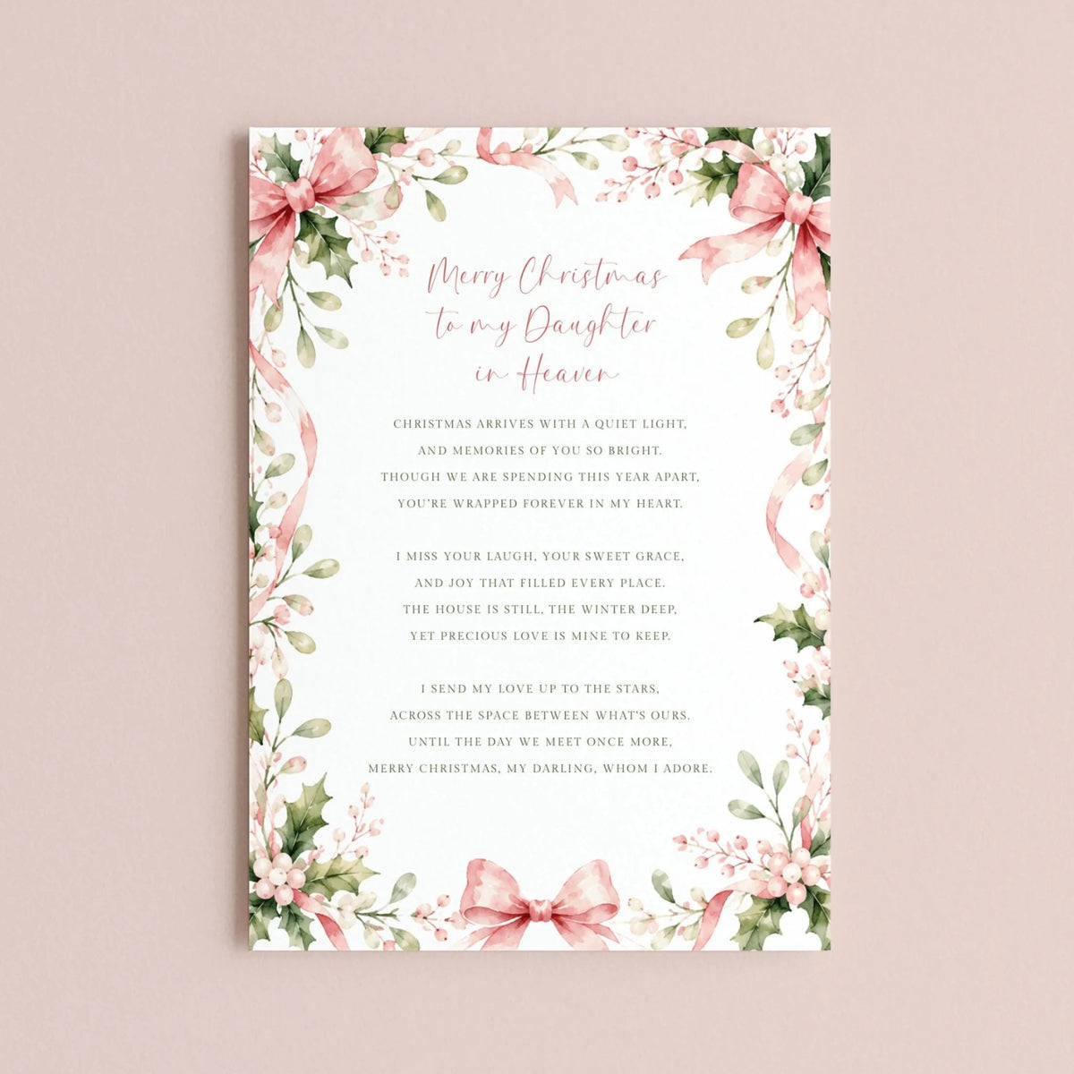 The image is a Christmas card with a floral border and a message about the daughter in heaven.