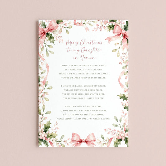 The image is a Christmas card with a floral border and a message about the daughter in heaven.
