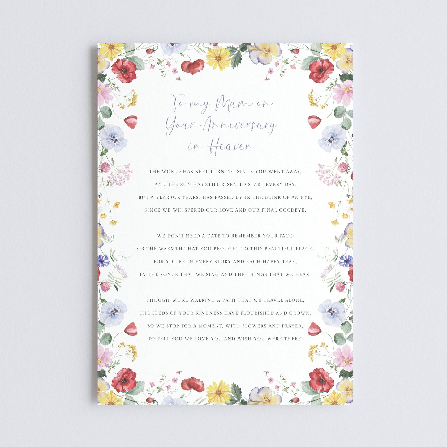 Personalised Anniversary of Mum Passing Card for Graveside, Wildflowers Design