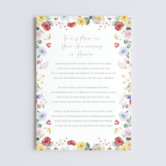 Personalised Anniversary of Mum Passing Card for Graveside, Wildflowers Design