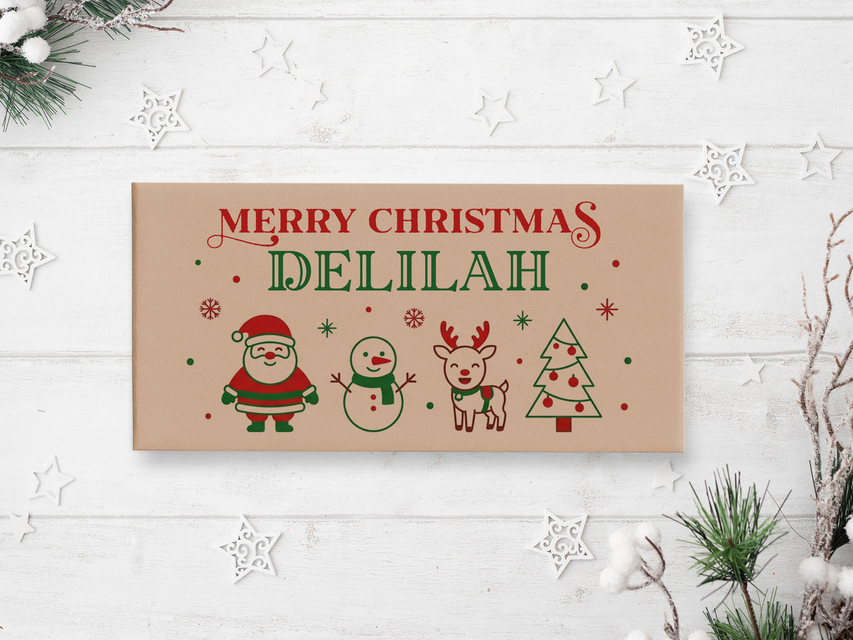 A Christmas-themed greeting card with a Santa Claus figure, a snowman, a reindeer, and a Christmas tree, along with the text "Merry Christmas Delilah".