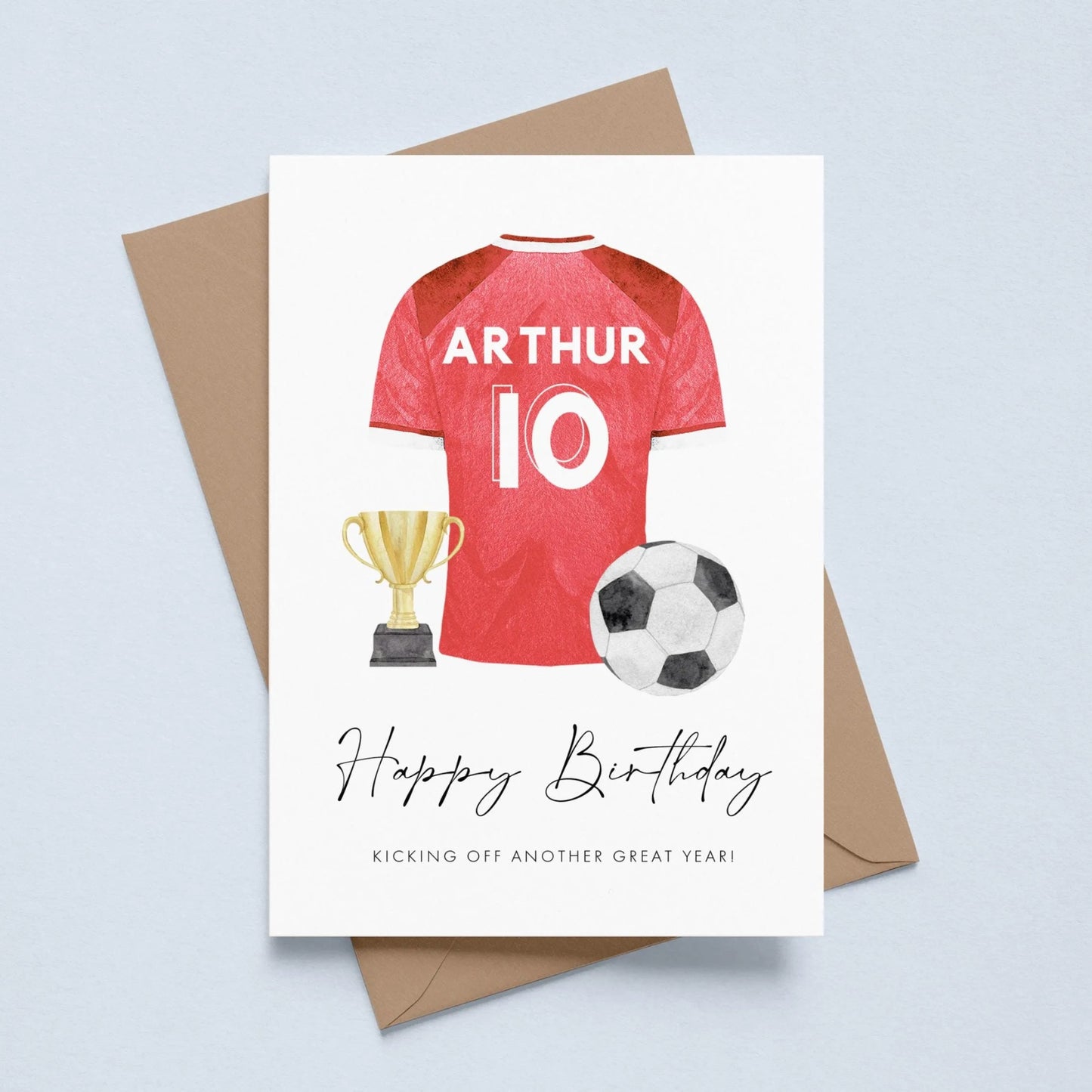 personalised red manchester liverpool football shirt birthday card age 10 smooth matte white cardstock kraft brown envelope