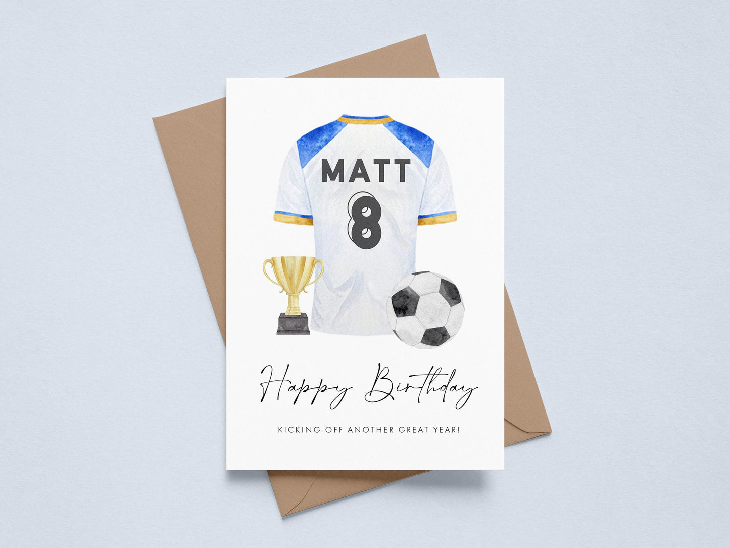 Personalised Manchester Football Happy Birthday Card Age 6, Light Blue Shirt
