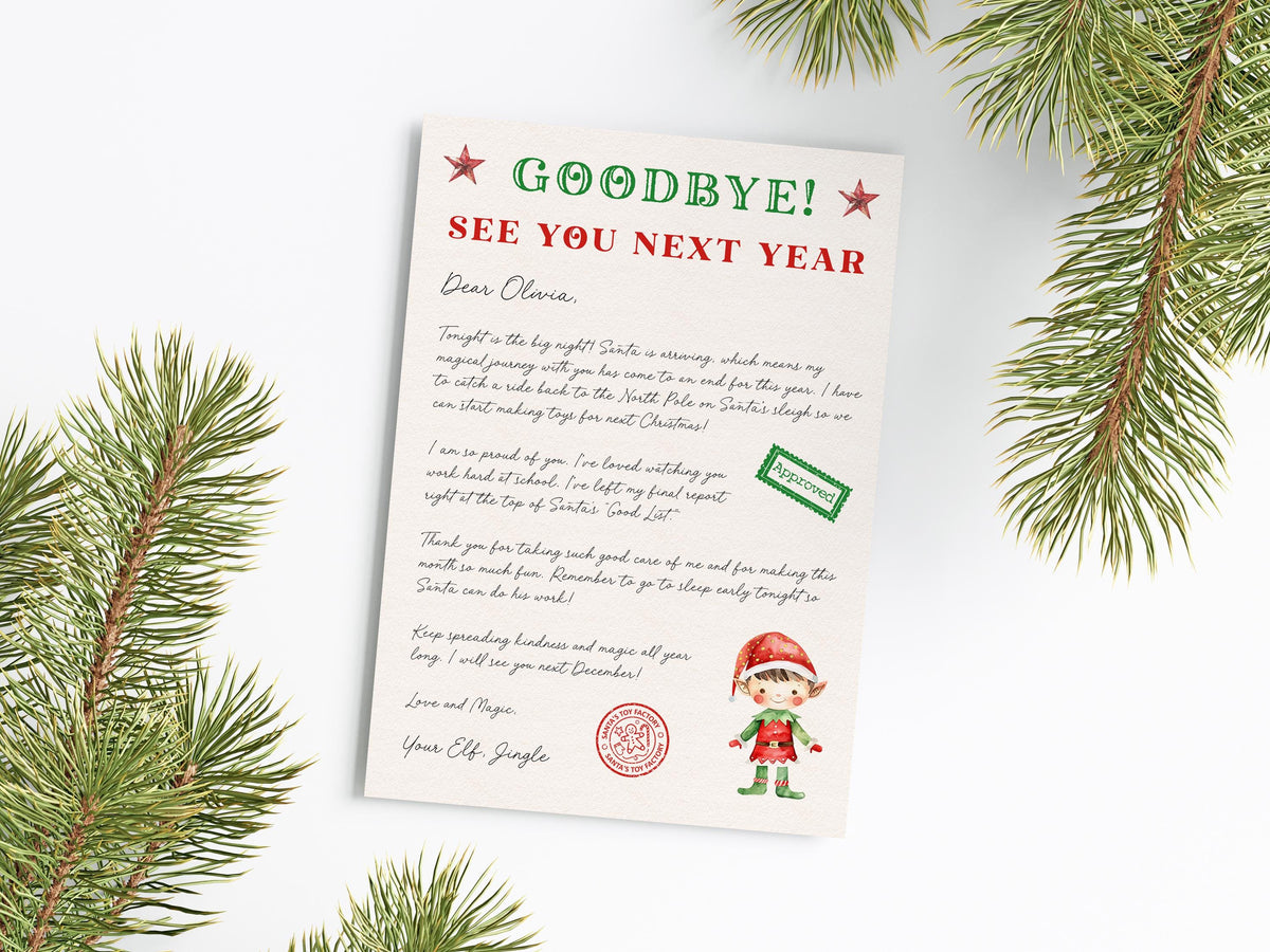 a Christmas-themed letter addressed to "Oliver" and includes a small illustration of an elf. The letter is surrounded by pine branches, creating a festive atmosphere.