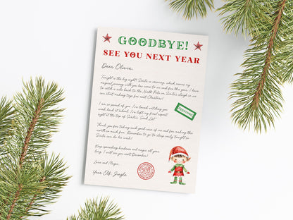 a Christmas-themed letter addressed to "Oliver" and includes a small illustration of an elf. The letter is surrounded by pine branches, creating a festive atmosphere.