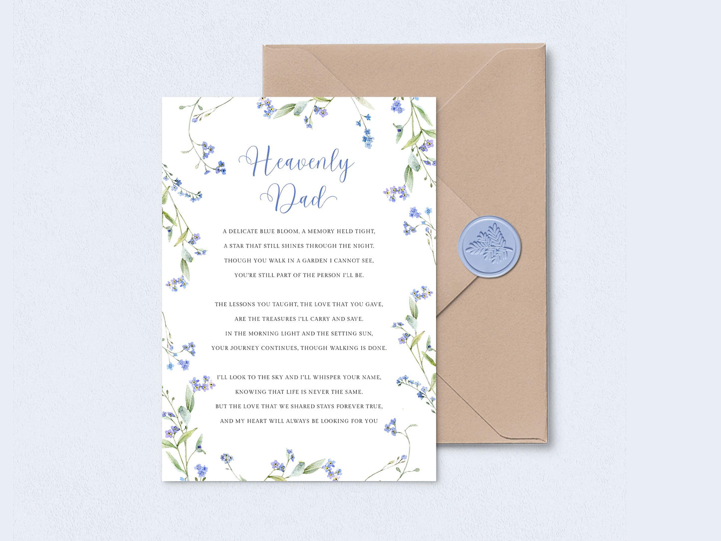Happy Heavenly Fathers Day Card with Poem, With Blue Ribbon Envelope