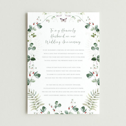 Personalised Husband Wedding Anniversary Graveside Card, Green Leaves Design
