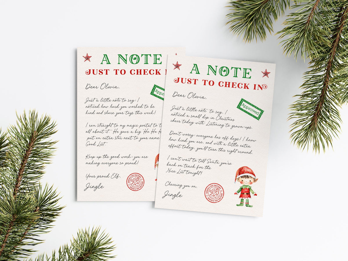 two Christmas-themed letters, each addressed to a recipient and signed with a red stamp. The letters are placed next to pine branches, creating a festive and holiday atmosphere.