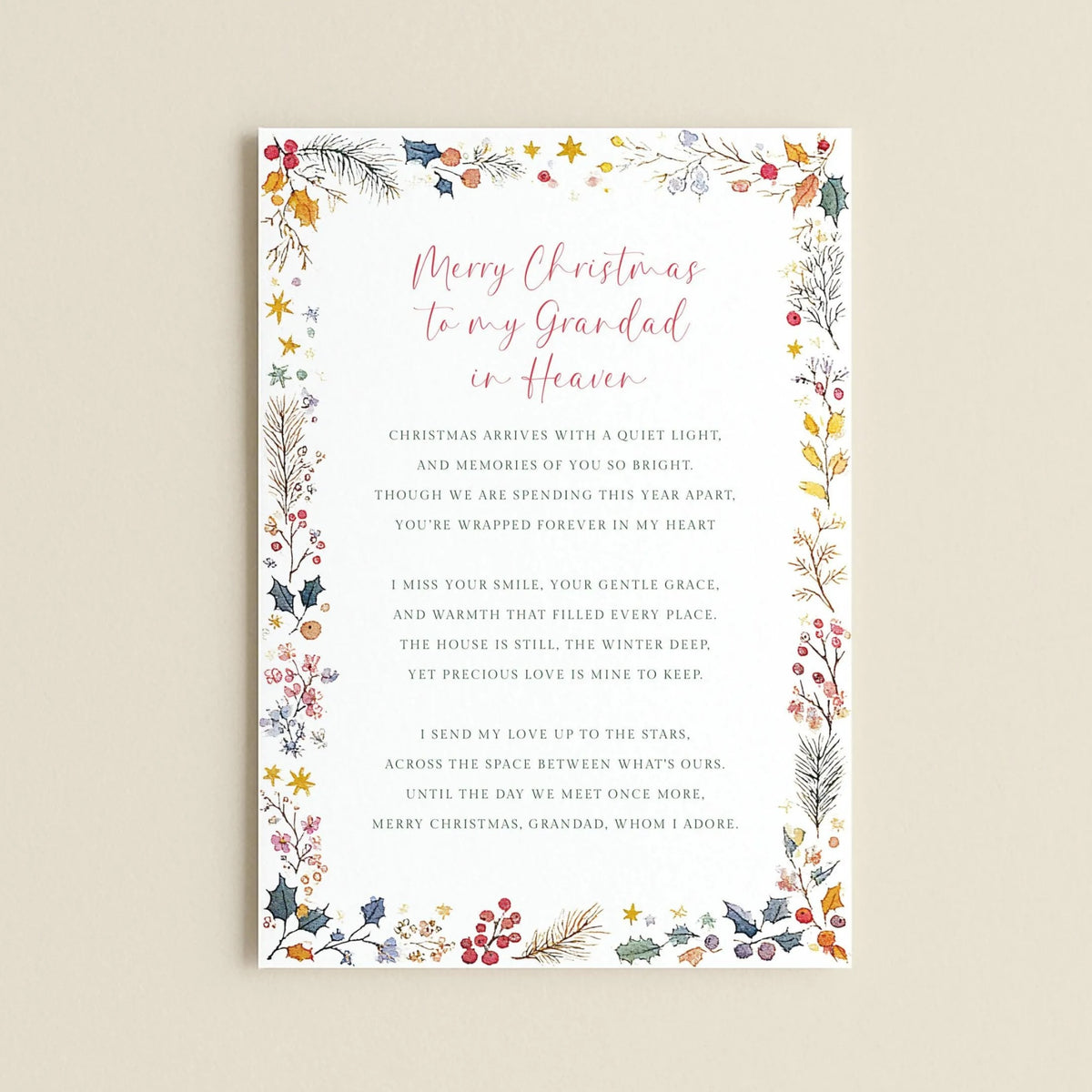 a Christmas card with a floral border and a heartfelt message for a grandfather.