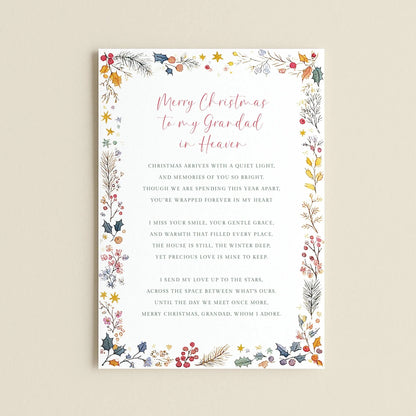 a Christmas card with a floral border and a heartfelt message for a grandfather.