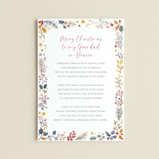 a Christmas card with a floral border and a heartfelt message for a grandfather.