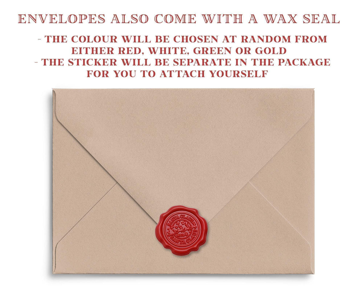 an envelope with a wax seal, and the text above the envelope provides information about the contents, including the color and the sticker.