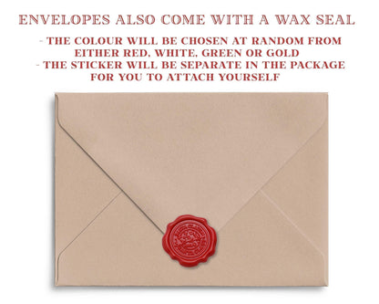 an envelope with a wax seal, and the text above the envelope provides information about the contents, including the color and the sticker.