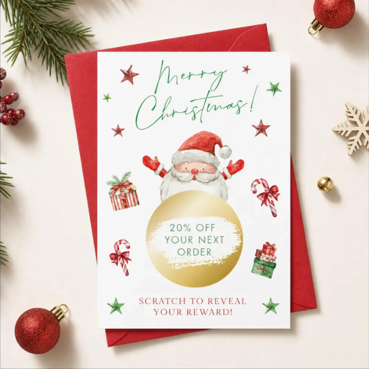 a Christmas card with a Santa Claus illustration, surrounded by holiday decorations such as ornaments, pine branches, and berries. The card has a message that reads "Merry Christmas!" and a 20% off offer for the next order.