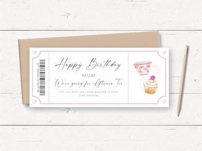 A birthday card with a teacup and cupcake illustration, along with a message that reads "Happy Birthday MUM We're going for Attendant Tea 31st July 2019, The Lodge Buxton 12:45PM, Love Natasha".