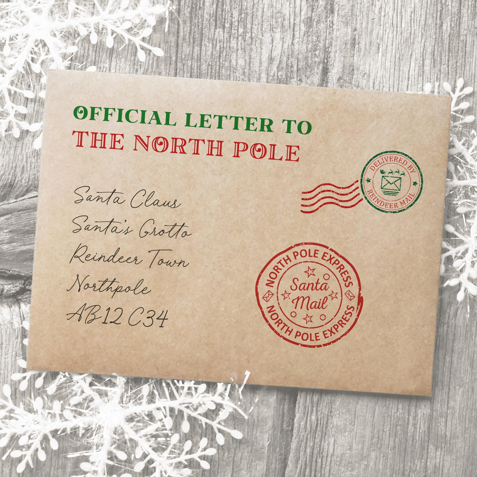 an official letter addressed to Santa Claus, Santa's Grötto, Reindeer Town, North Pole, AB12 C34, and Santa Mail, all written on a brown envelope with a red stamp.