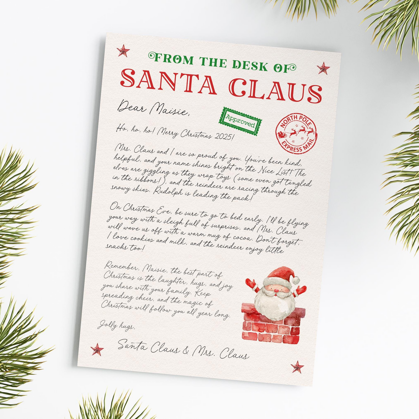 The image is a Christmas-themed letter from Santa Claus to Marie, addressed as "From the Desk of Santa Claus". The letter is handwritten and includes a Santa Claus illustration and a Christmas tree in the background.