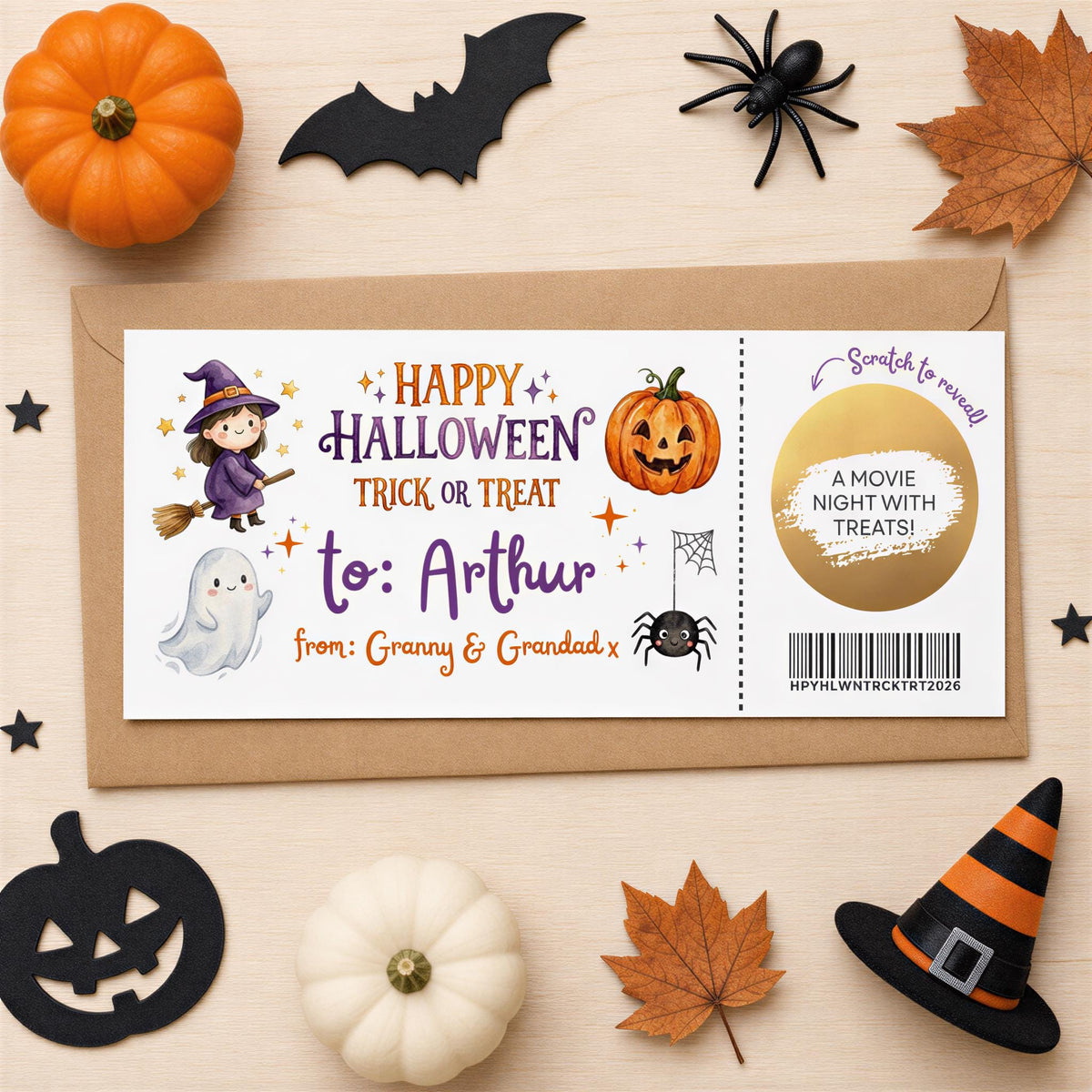 a Halloween-themed gift card with illustrations of a witch, pumpkin, ghost, spider, and a movie ticket, surrounded by Halloween decorations such as a jack-o-lantern, leaves, and a witch's hat.