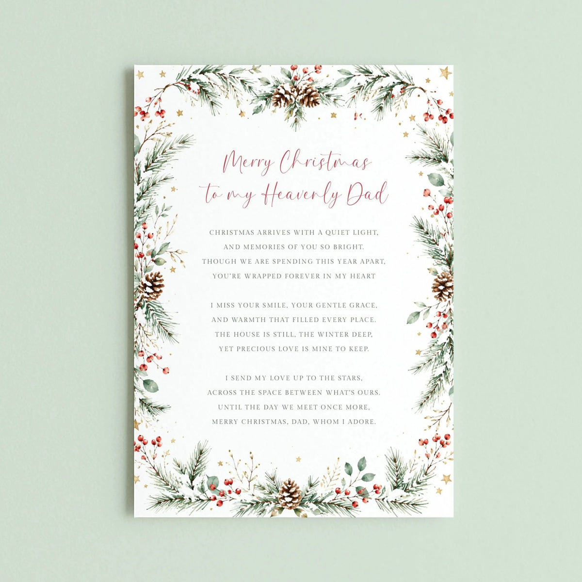 The image is a Christmas card with a floral border and a message for a father. The card features a winter scene with pine trees, pine cones, and berries, and includes a heartfelt message expressing love and appreciation for the father.