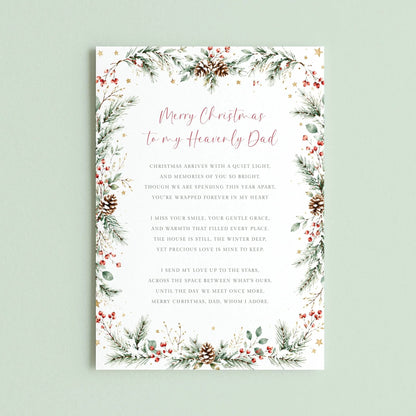 The image is a Christmas card with a floral border and a message for a father. The card features a winter scene with pine trees, pine cones, and berries, and includes a heartfelt message expressing love and appreciation for the father.