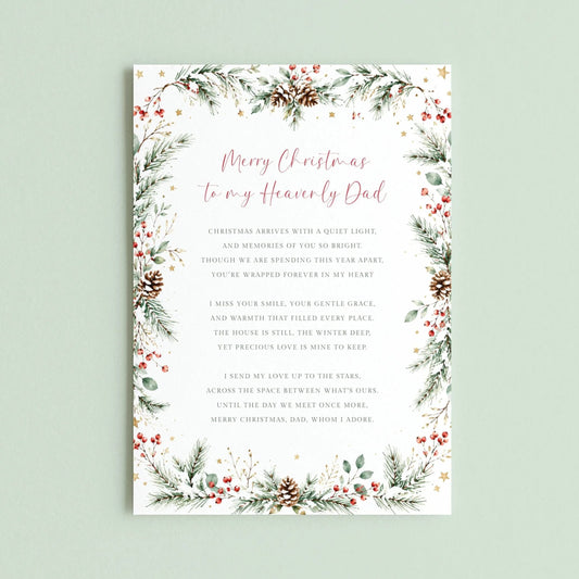 The image is a Christmas card with a floral border and a message for a father. The card features a winter scene with pine trees, pine cones, and berries, and includes a heartfelt message expressing love and appreciation for the father.