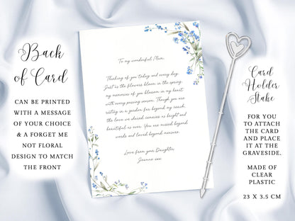 a card with a heartfelt message, a floral design, and a metal card holder with a heart-shaped handle. The card is printed with a message for a mother, and the card holder is made of clear plastic.