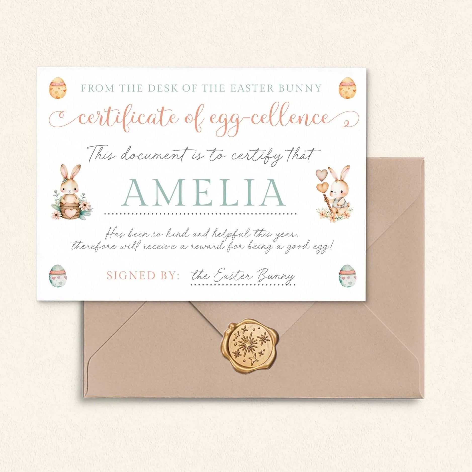 The image is a certificate of egg-cellence from the desk of the Easter bunny, signed by the Easter Bunny.