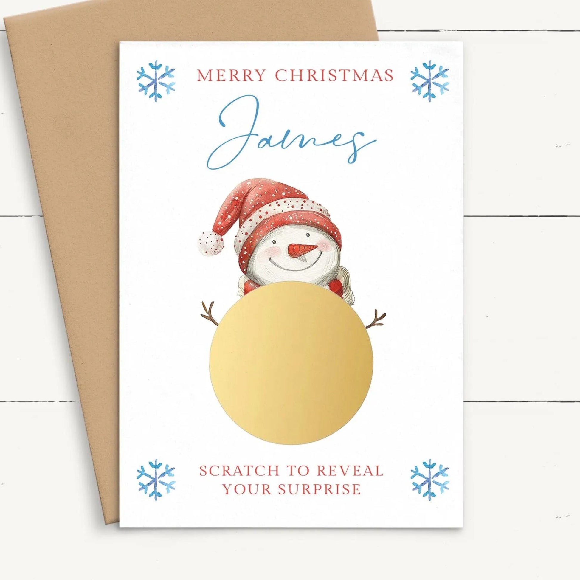 personalised snowman christmas scratch off card gold circle smooth matte white cardstock A6 size kraft brown envelope