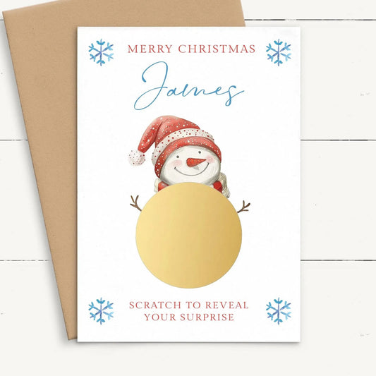 personalised snowman christmas scratch off card gold circle smooth matte white cardstock A6 size kraft brown envelope