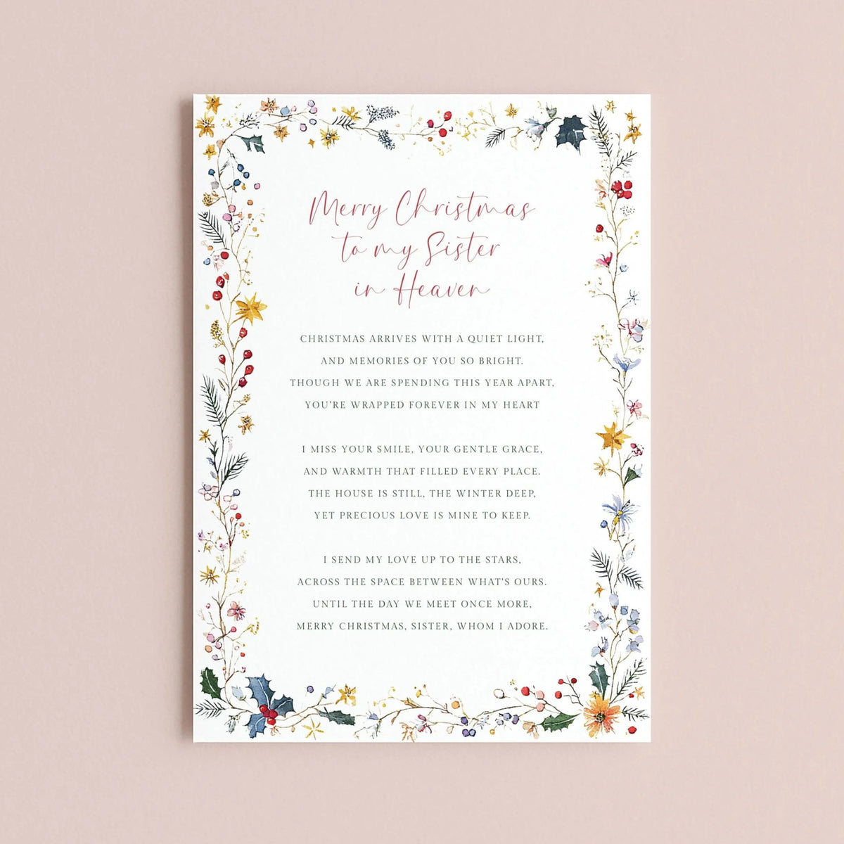 The image is a Christmas card with a floral border and a heartfelt message.