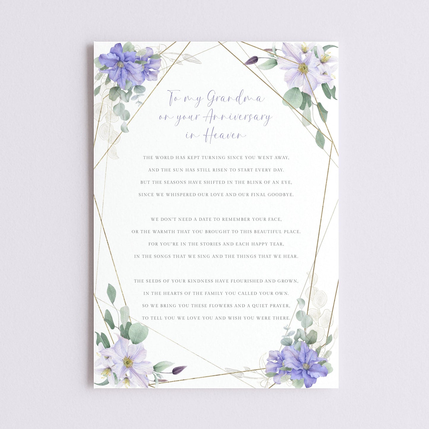 Personalised Grandma Anniversary of Passing Grave Card, Purple Floral Design