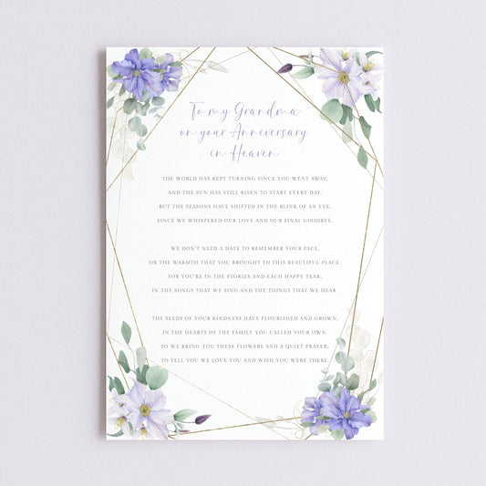 Personalised Grandma Anniversary of Passing Grave Card, Purple Floral Design