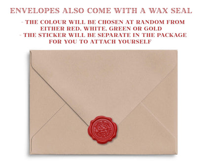 an envelope with a wax seal, and the text above the envelope provides information about the contents, including the color and the sticker.